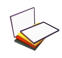 Archival boxes, yellow, green, red, purple